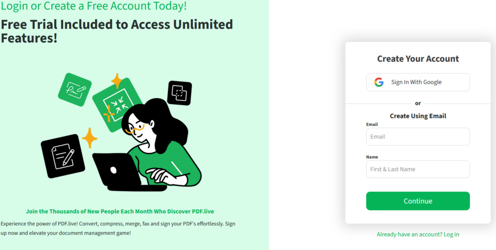 PDF Live Studio welcome page showcasing features for PDF creation and editing, inviting users to explore.