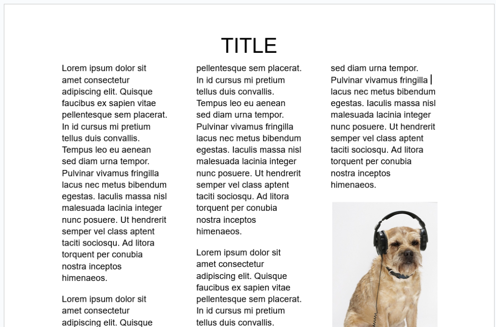 Template for a three-column news article about dogs, featuring sections for headlines, images, and text.