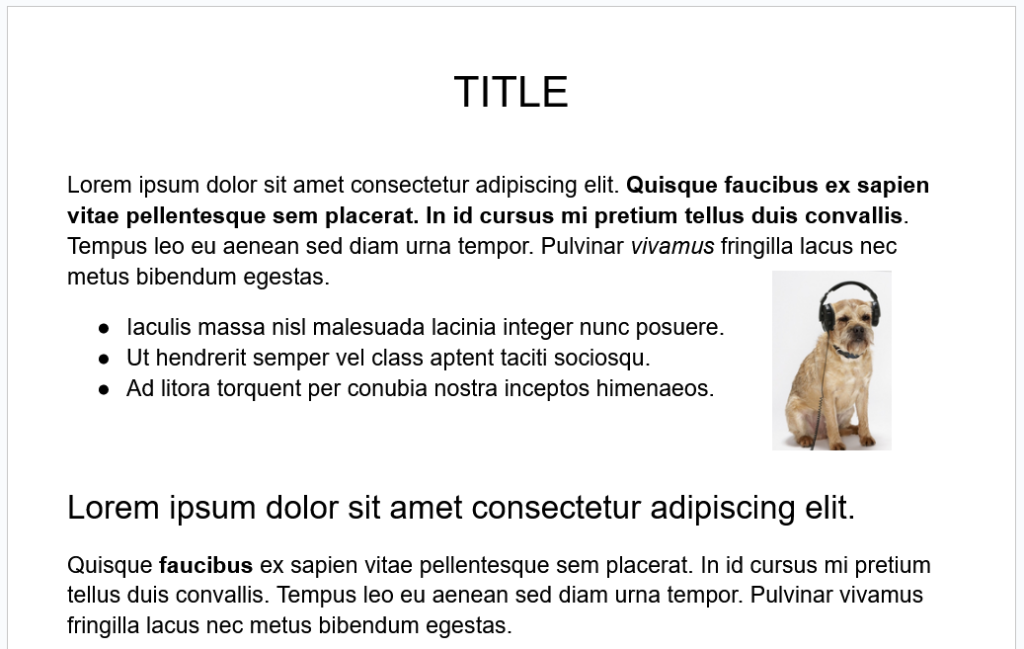 Template for a typical blog post or article with a paragraph followed by a bulleted list, subhead and more Lorem ipsum text and a photo of a dog wearing headphones.