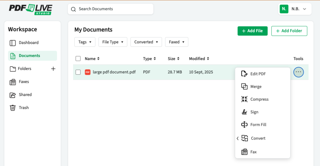 PDF Live dashboard with the file manager open, highlighting file navigation and management features for user interaction.