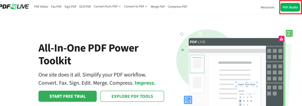 PDF Power Toolkit logo featuring a stylized document icon with tools, representing PDF editing and management capabilities. The PDF Studio green button is surrounded by a red box.