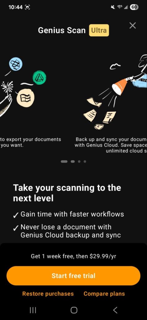 Genius Scan Ultra home page showing the start a free trial orange button.
