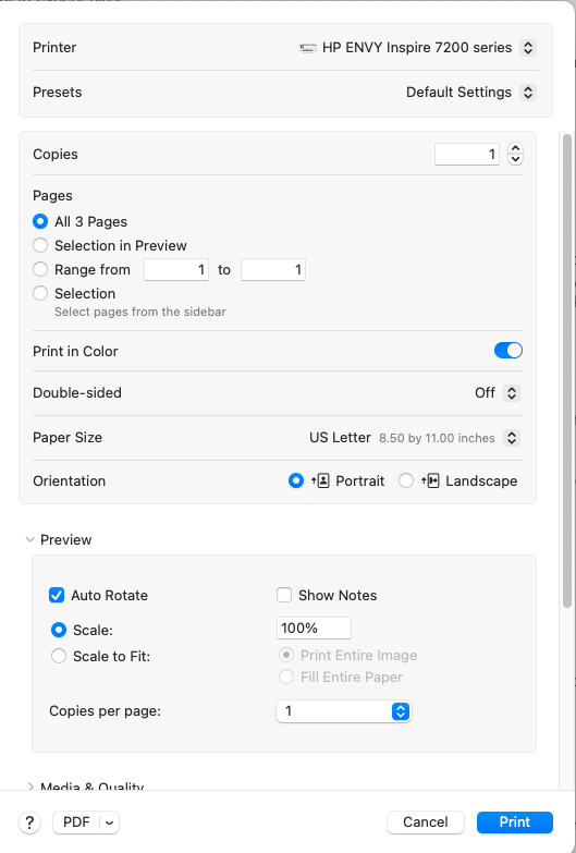 An HP Envy Inspire 7200 series printer is selected in this example of how to print a PDF>.