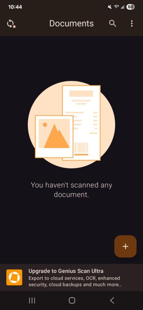 Genius Scan home screen showing that the user hasn't scanned any document yet.
