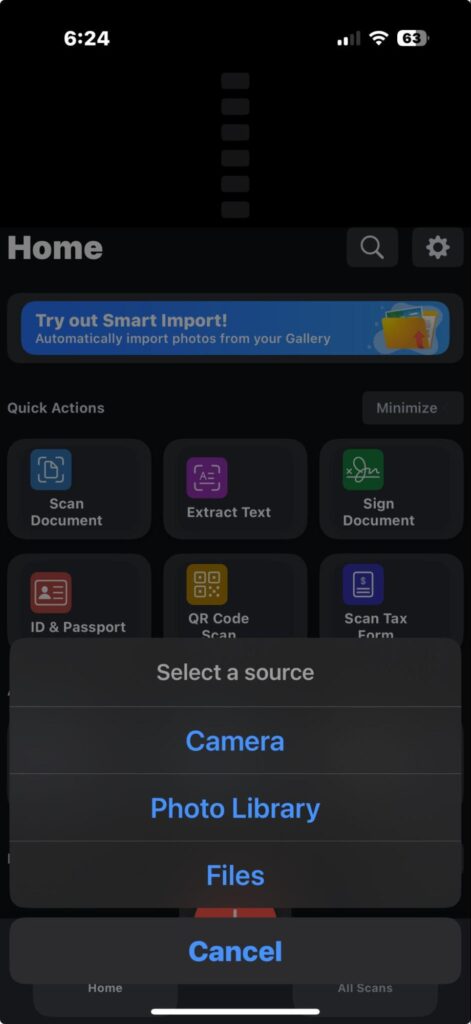 Home screen of DocScan showing the Select a source options, camera, photo library, files and cancel options. 