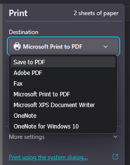 Print dialog box showing 2 sheets of paper for a PDF to print