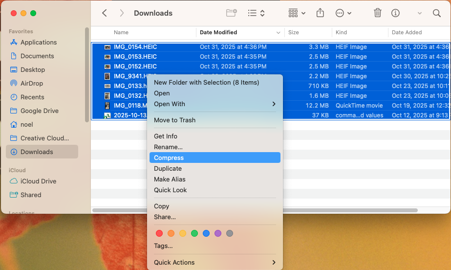 A file manager on a Mac showing 7 image files and a csv file selected for Compression.