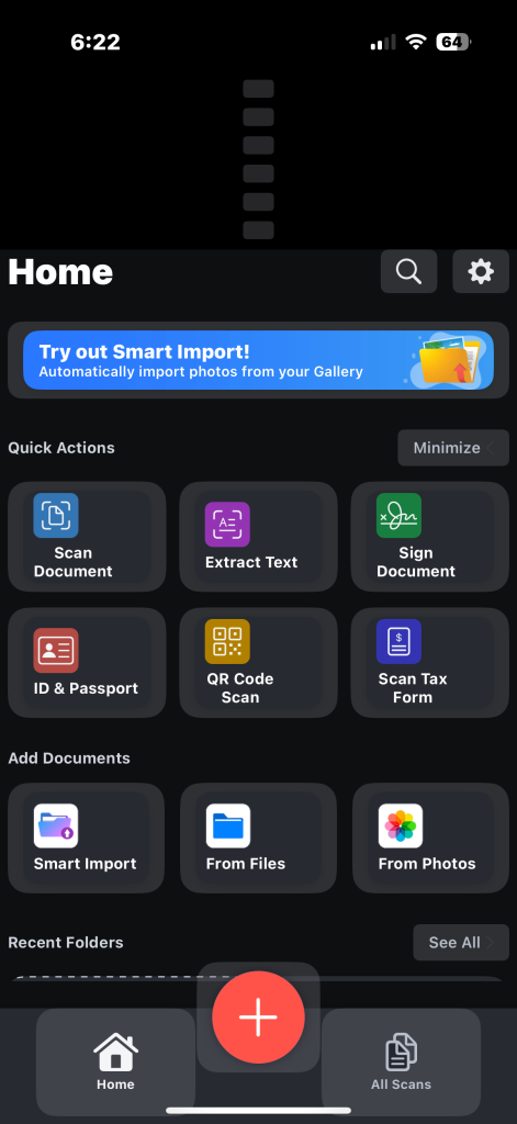 Home screen of DocScan showing a red plus sign for scanning or uploading a document.