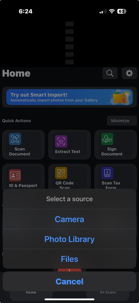 Home screen of DocScan showing the Select a source options, camera, photo library, files and cancel options.