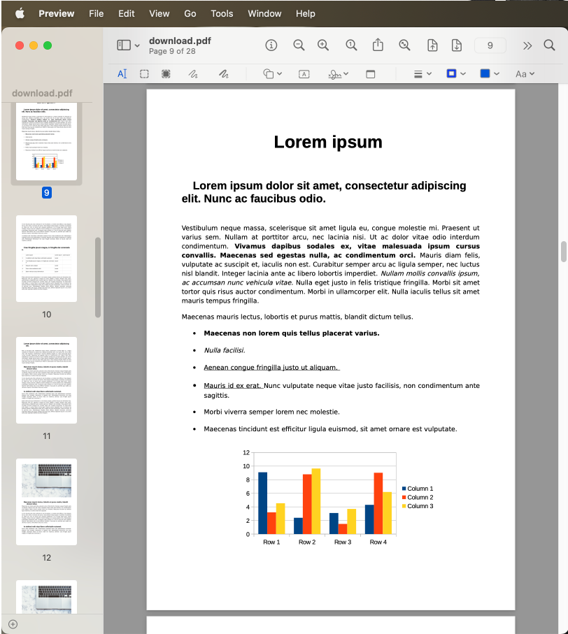 A sample document with Lorem Ipsum text in a Preview app showing the page thumbnails on the left and page 9 in the reader's view.