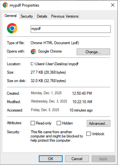 The properties box of the file mypdf is visible showing the type of file a Chrome HTML Document in PDF, the location, on the C drive and the size, date and other options.