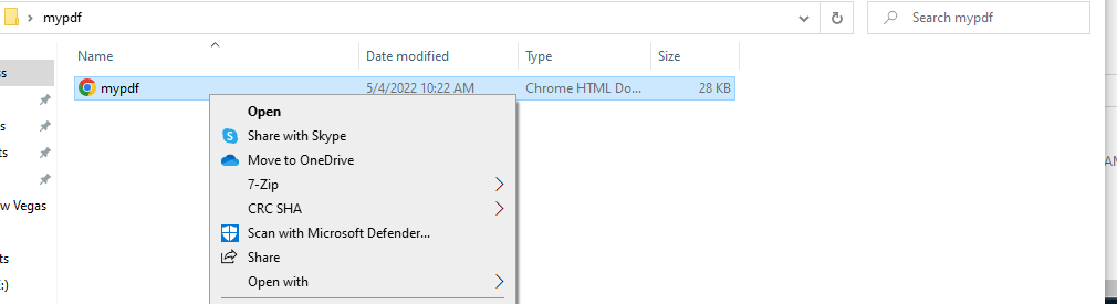 A Windows finder showing a file called mypdf and Open options to Share with Skype, Move to OneDrive and more, including Open with.