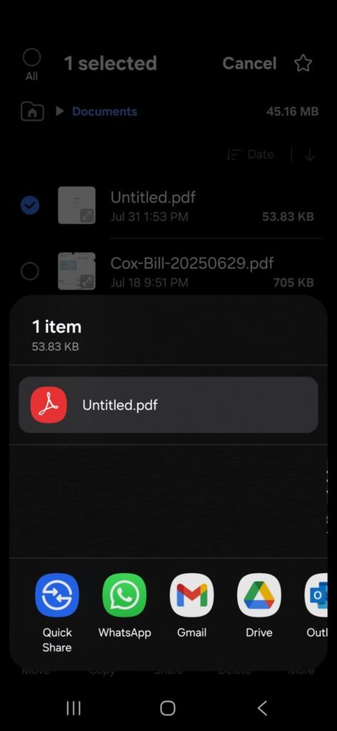 A screenshot from an Android phone showing an Untitled pdf with options for sharing.