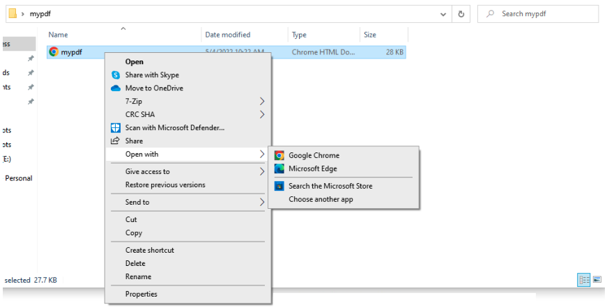 A file manager with Open selected, followed by Open with and the options to open with Google Chrome, Microsoft Edge, Search the Microsoft Store or Choose another app.