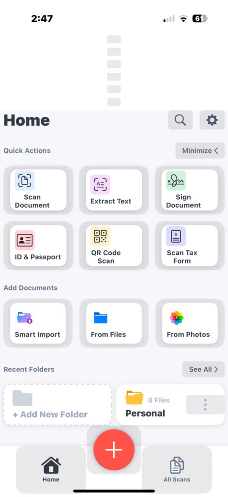 DocScan home screen showing options to scan, extract, sign and other functions.