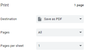 A print dialog box showing Print 1 page, destination save as PDF, pages All and 1 page per sheet.