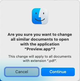 The dialog box that asks the user to confirm that they want to set the Preview.app as the default app for reading PDFs on this device.