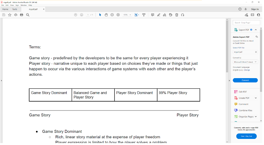 A document open in Adobe Reader. The example is a terms document for a game story and a play story.