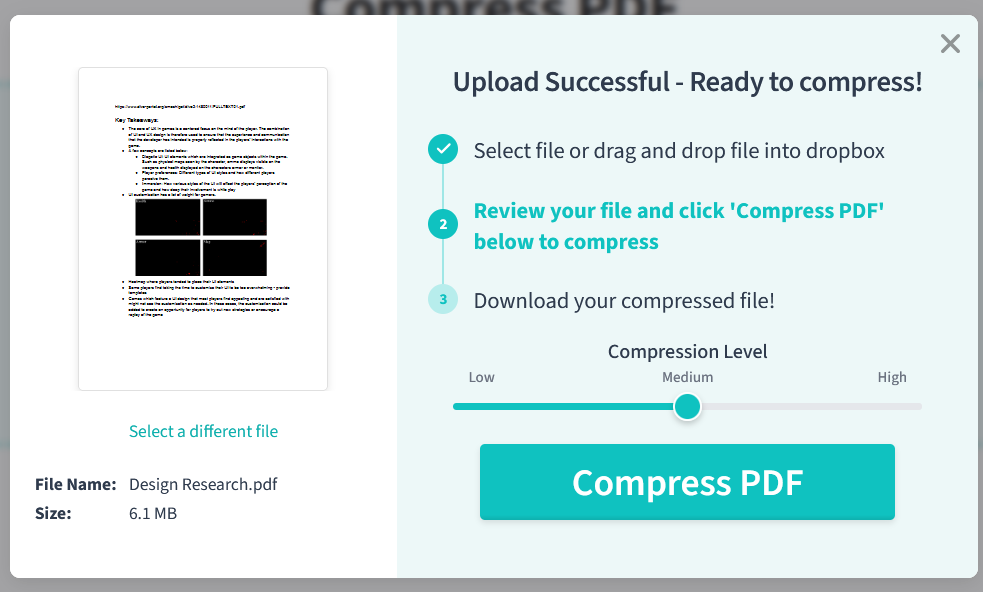 The PDF.Live confirmation screen showing a PDF was uploaded successfully and is ready to be Compressed. The compression level medium is selected.