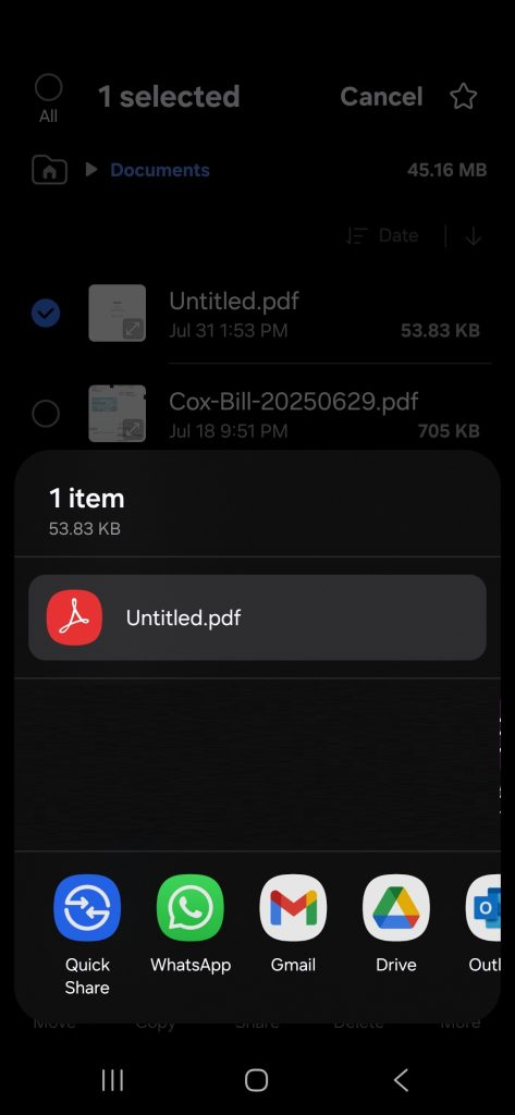 A screenshot from an Android phone showing an Untitled pdf with options for sharing.