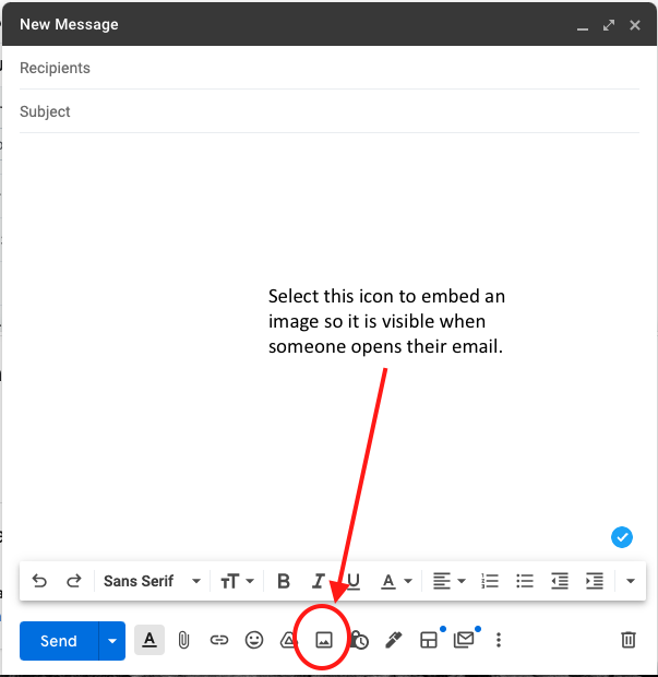 A blank email message with a red arrow indicating the attach image icon.