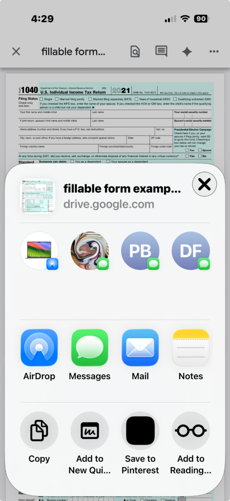 A screenshot from an iPhone showing options for air drop, messages, mail, notes and more.