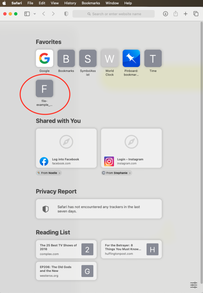 The Safari dashboard showing a red circle around a file under Favorites called F for file example. 