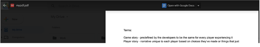 The Drive option showing the option to open the PDF with Google Docs. 