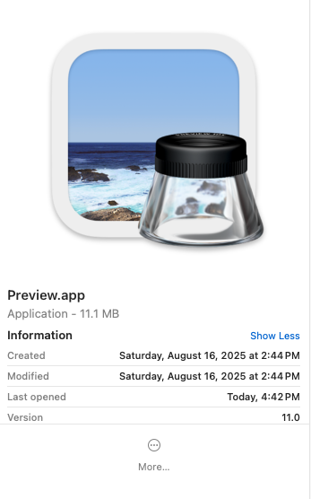 The Apple Preview logo with app information. Created Aug. 16, 2025, last opened today, version 11.0