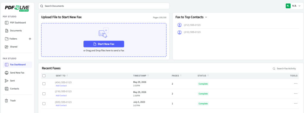 PDF.Live's fax dashboard