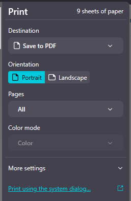 PDF.Live's Print option to select portrait or landscape