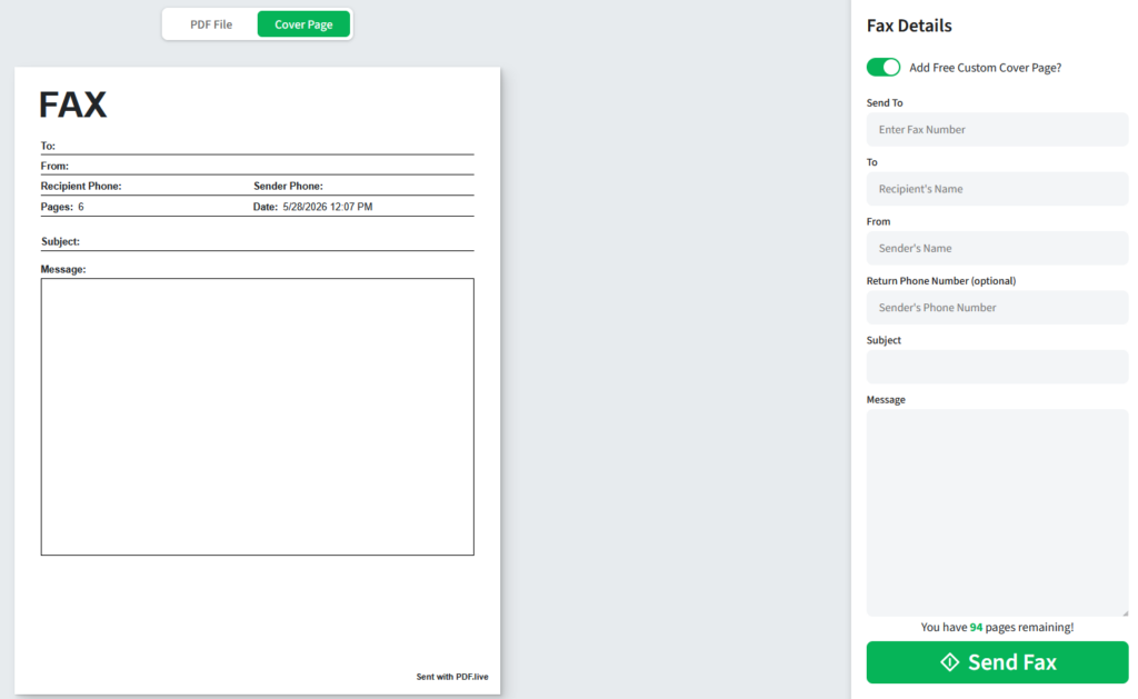 PDF.Live's fax details page and the free online cover page