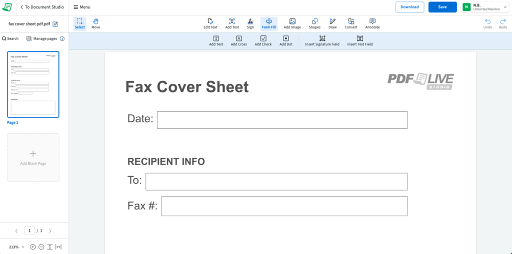A fax cover sheet online from pdf.live