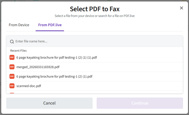 PDF.Live's prompt to select a PDF to fax.