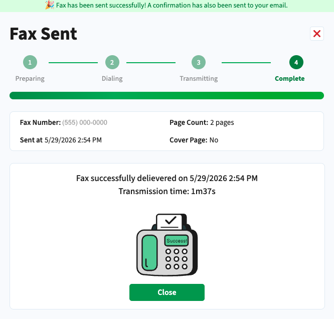 PDF.Live's fax confirmation message