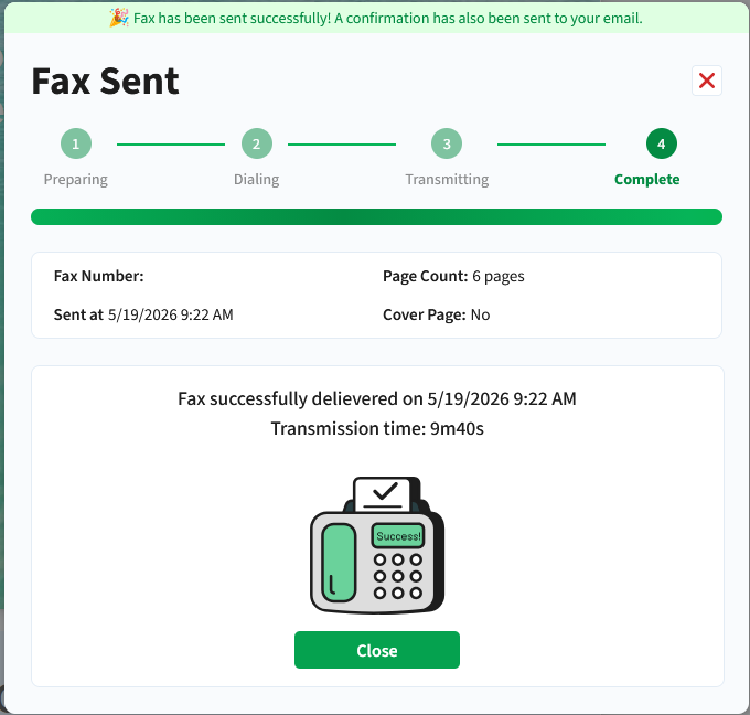 PDF.Live's fax confirmation message.