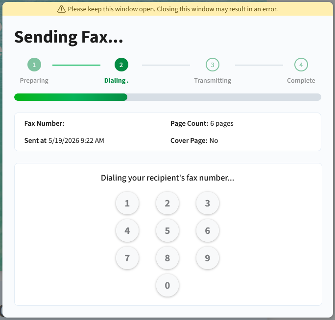 PDF.Live's indicator that faxing is in process.