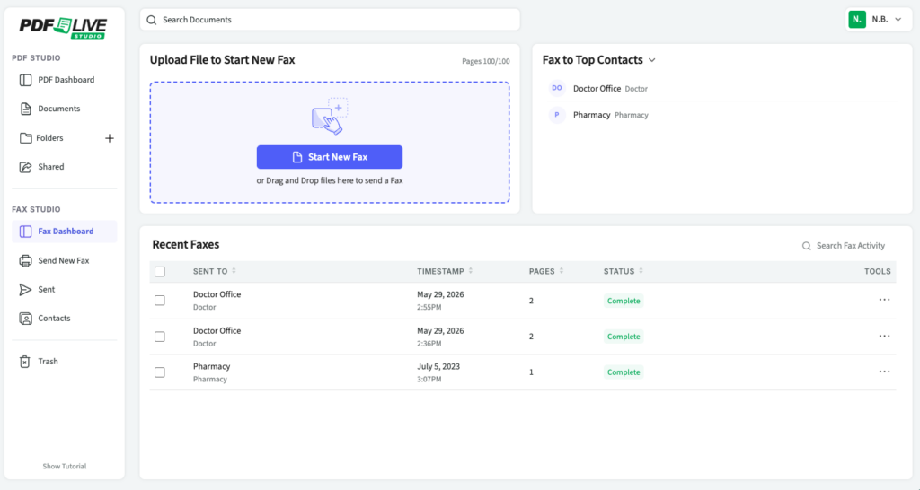The PDF.Live dashboard with fax selected and the prompt to upload a file to start a new fax. 