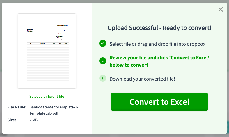 PDF.Live's dialog says the upload was successful and it is ready to convert to an Excel spreadsheet.