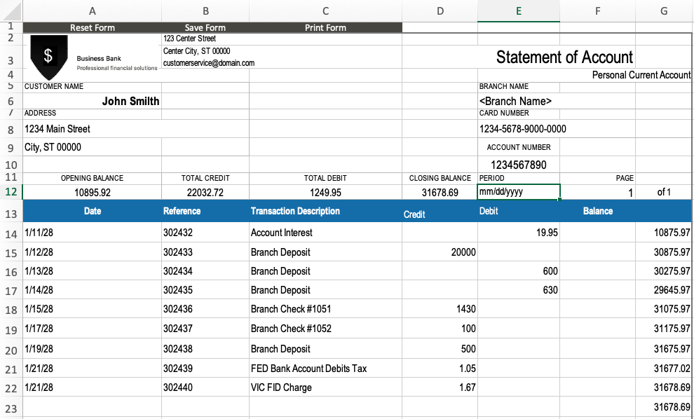 A screenshot from Excel showing the converted sample bank statement in a spreadsheet. 