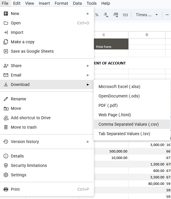 From Excel, the File tab is selected and Download is selected. 