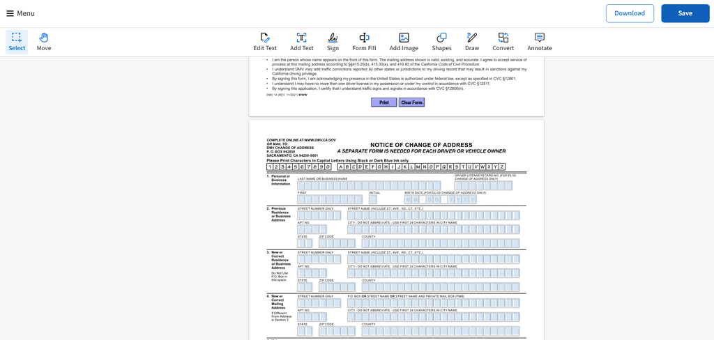 A screenshot of PDF.Live's showing how to use the online form filler to complete a DMV change of address form.
