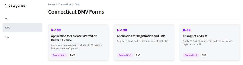 A screenshot showing PDF.Live's downloadable DMV forms for Connecticut.