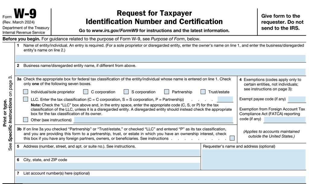 A screenshot showing the w9 form from march 2024